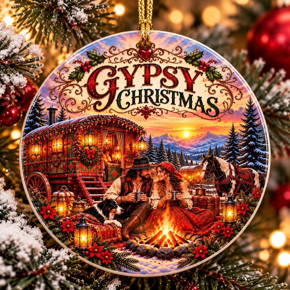 Gypsy Christmas Ceramic Ornament Double Sided Vardo Horse Campfire Folk Art Gift
